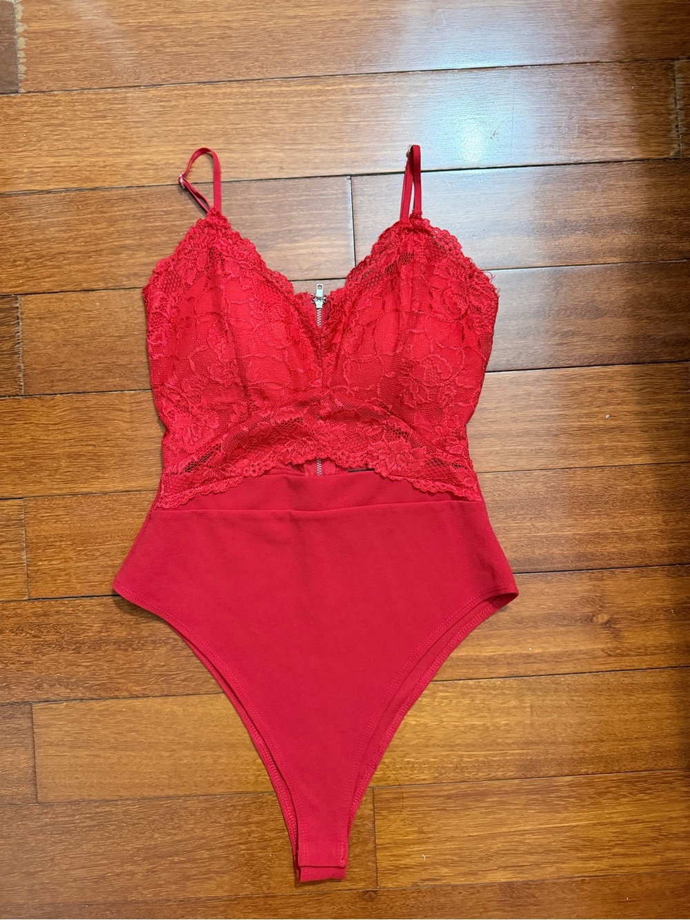 Red Lace V-Neck Bodysuit with bra padding S